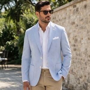 SPURR Mens Seersucker Blazer 40R Blue Stripe Cotton Wedding Sport Coat Summer